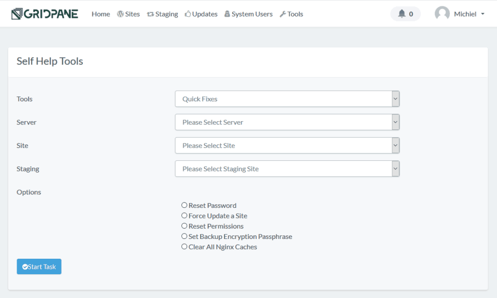 The Tools tabs of Gridpane with Quick Fixes for your WordPress Websites.