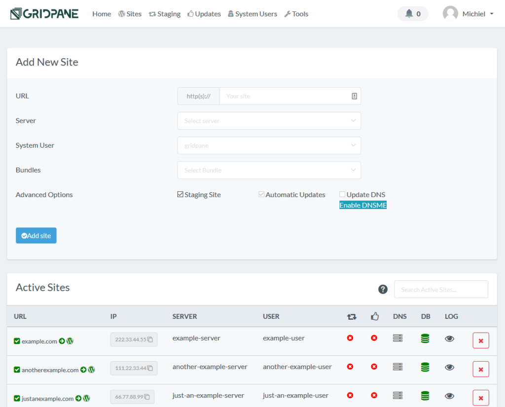 The sites tab in GridPane