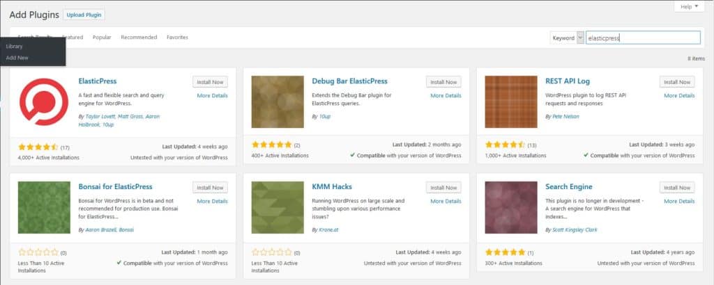 The ElasticPress plugin in the Plugins Section of WordPress
