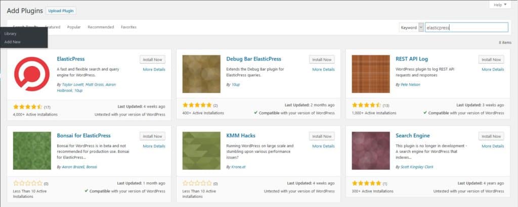 De ElasticPress plugin in de Plugins Sectie van WordPress