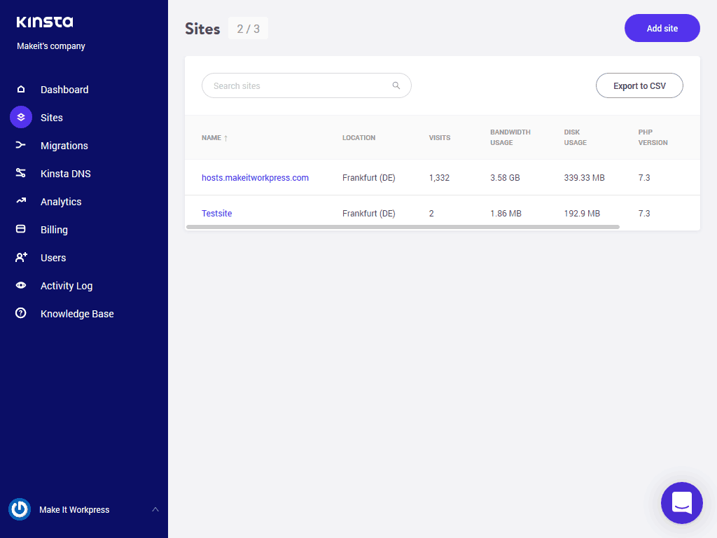 Kinsta Hosting Review Screenshot of the Sites Manager