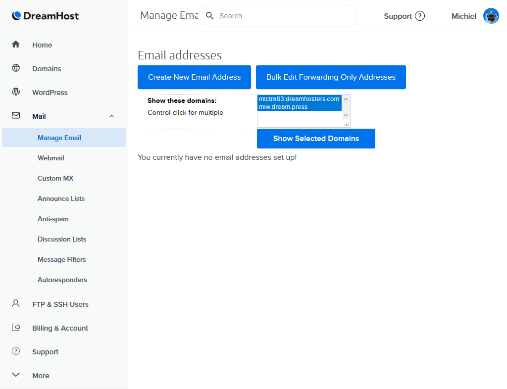 Dreamhost Email Address manager screenshot