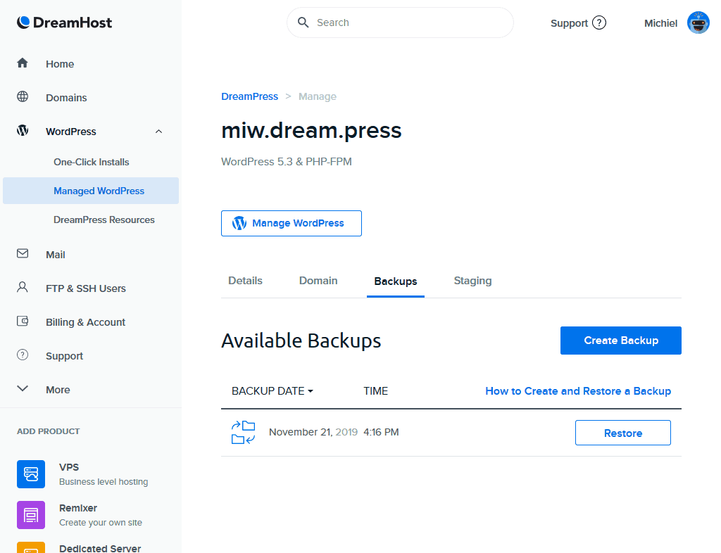 Dreamhost DreamPress Backup Tabblad Schermafbeelding
