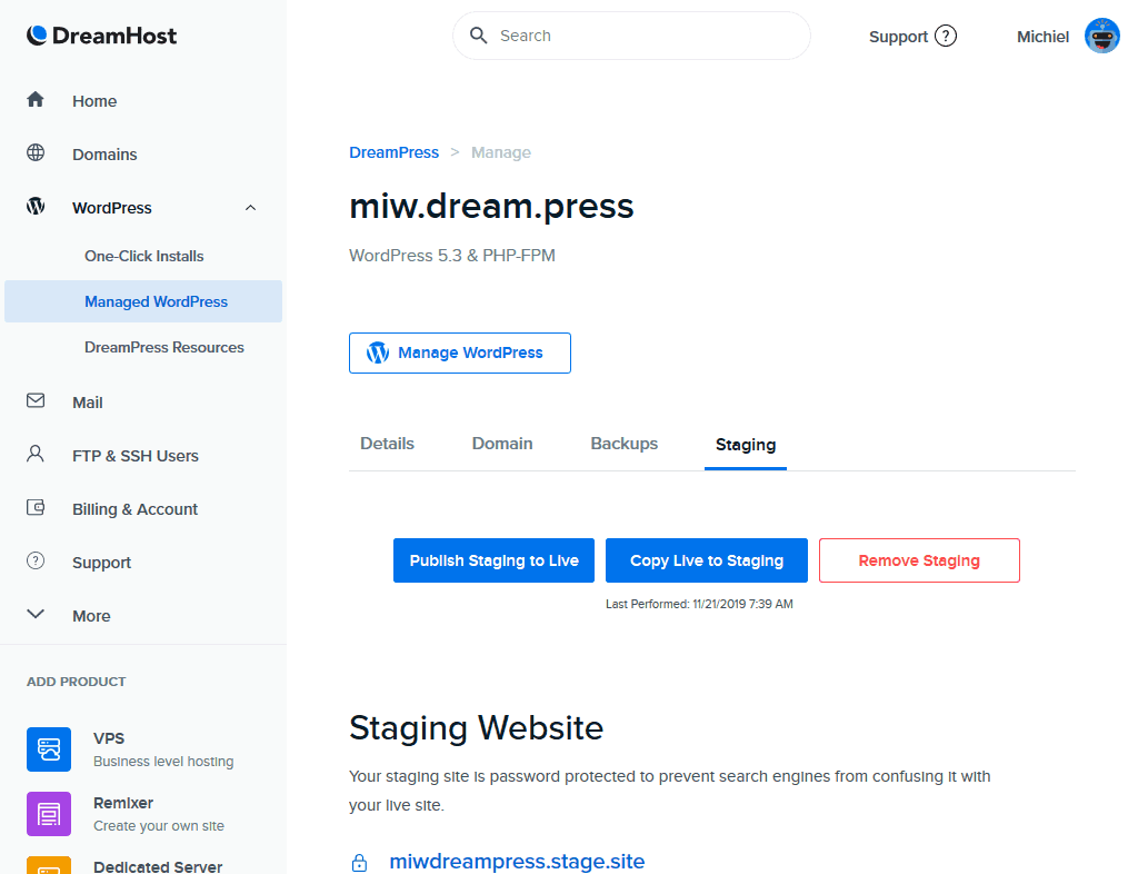 Dreamhost DreamPress Screenshot van Staging Omgevingen