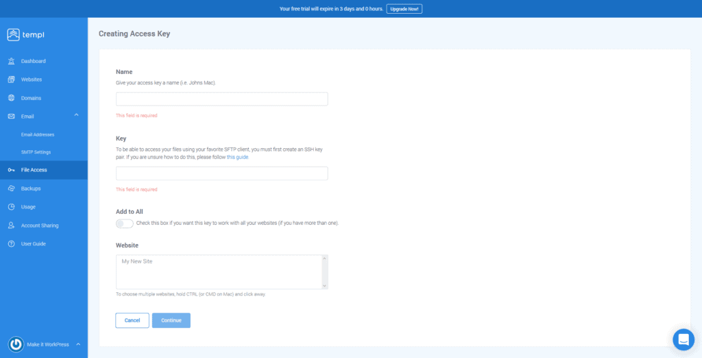 SSH Keys creation screen in Templ, a managed WordPress hosting company.