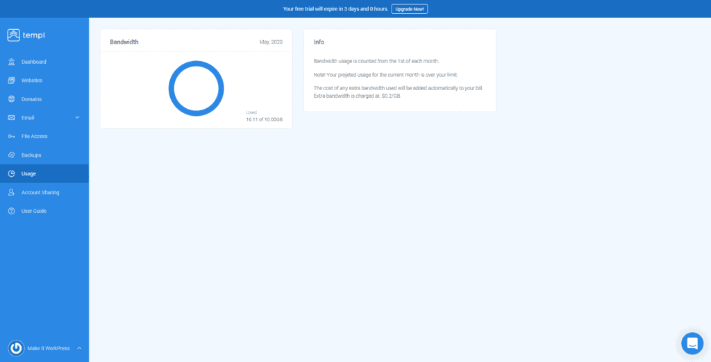 Stats screen for Templ, a managed WordPress hosting company.