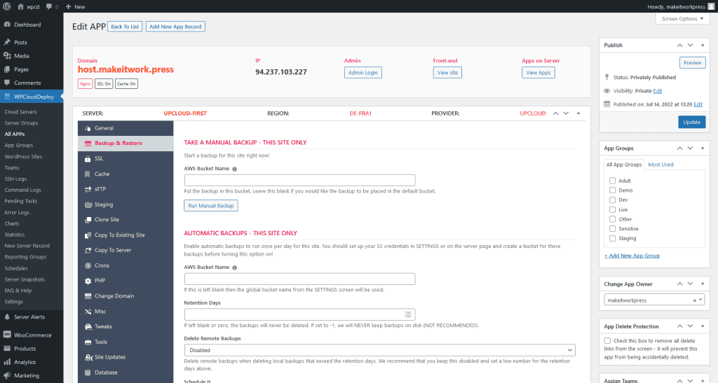 WPCloudDeploy Backup scherm voor een site