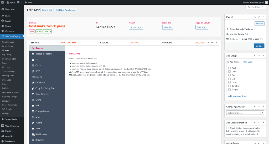 WPCloudDeploy Review screen of managing a website