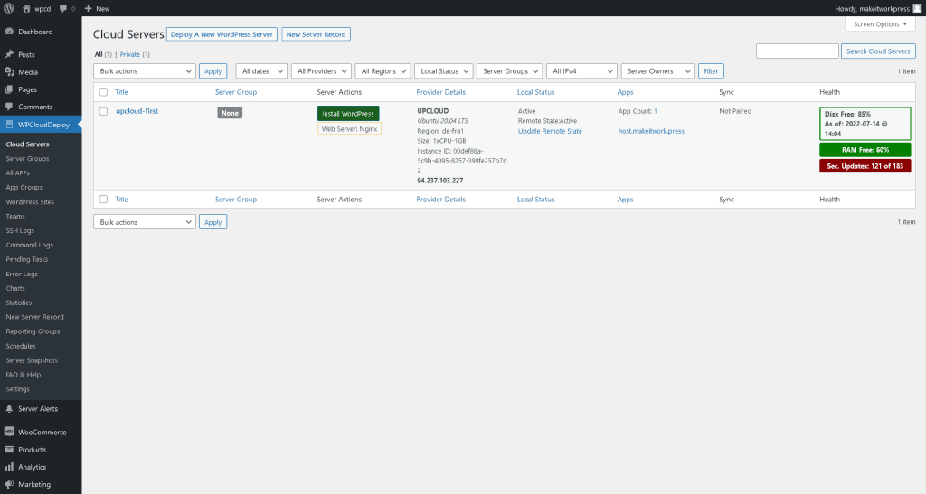 WPCloudDeploy Servers Overzichtsscherm