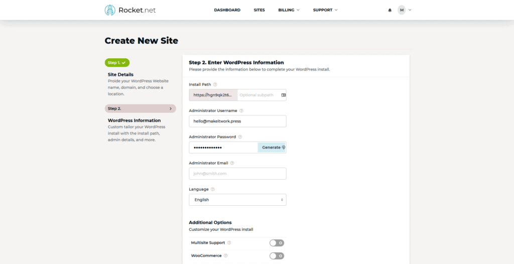 Step two of installing WordPress on Rocket.net