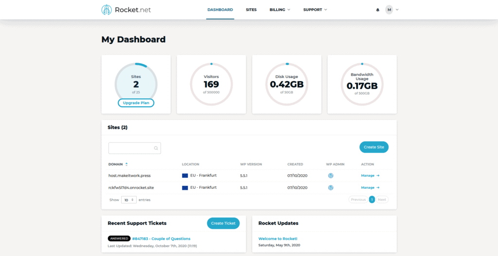 The dashboard for rocket.net, a managed WordPress hosting provider