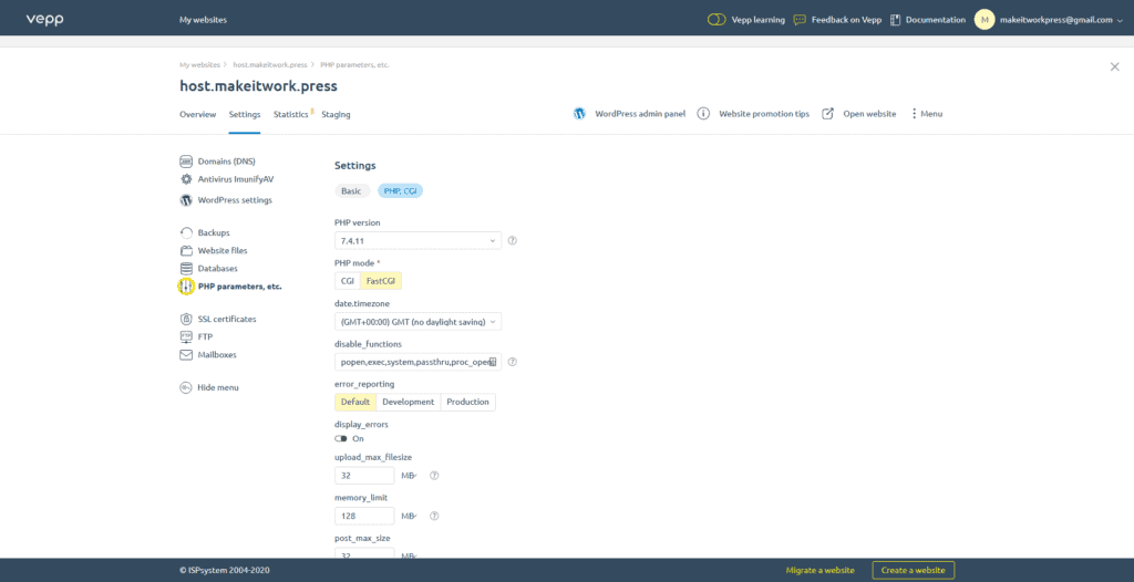 Advanced PHP Settings in Vepp, a WordPress Hosting Panel