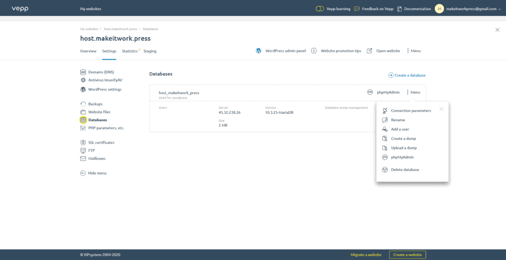 The database manager in Vepp, hosting WordPress on your own VPS