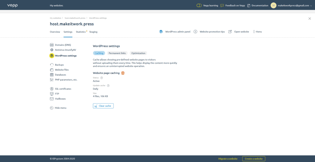 Adjusting Caching in Vepp WordPress Hosting Panel