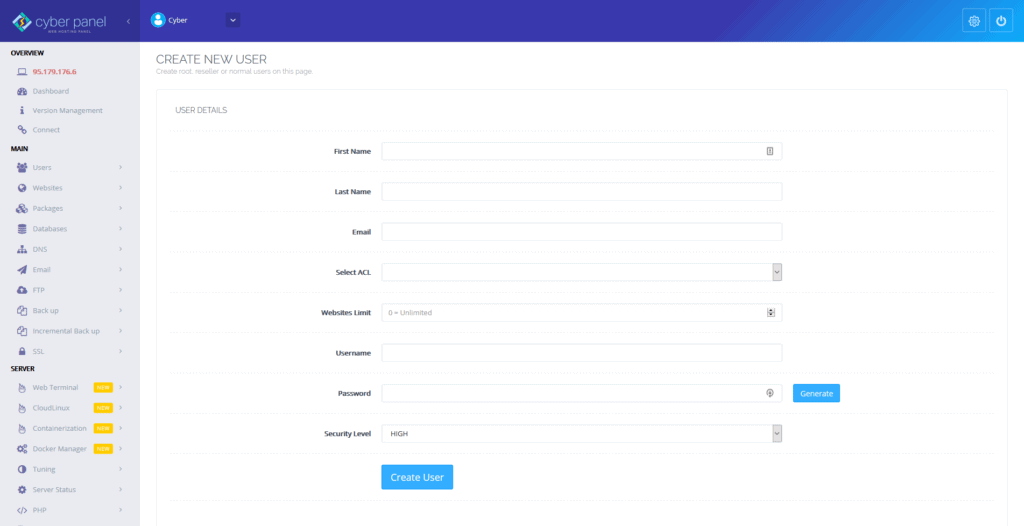 Cyberpanel review: add a new user
