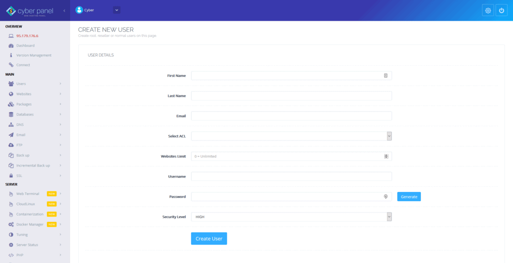 Cyberpanel review: een nieuwe gebruiker toevoegen