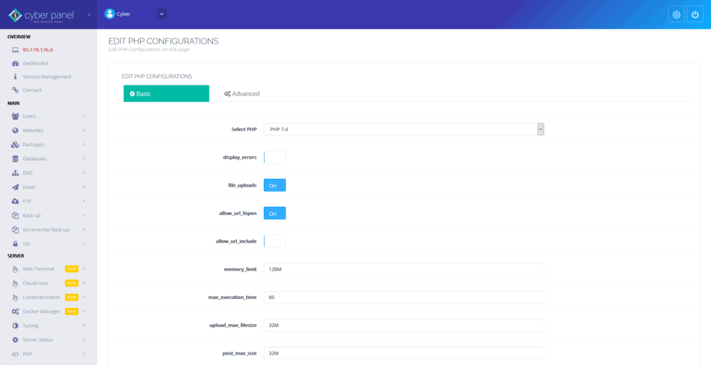 Cyberpanel review PHP configurations