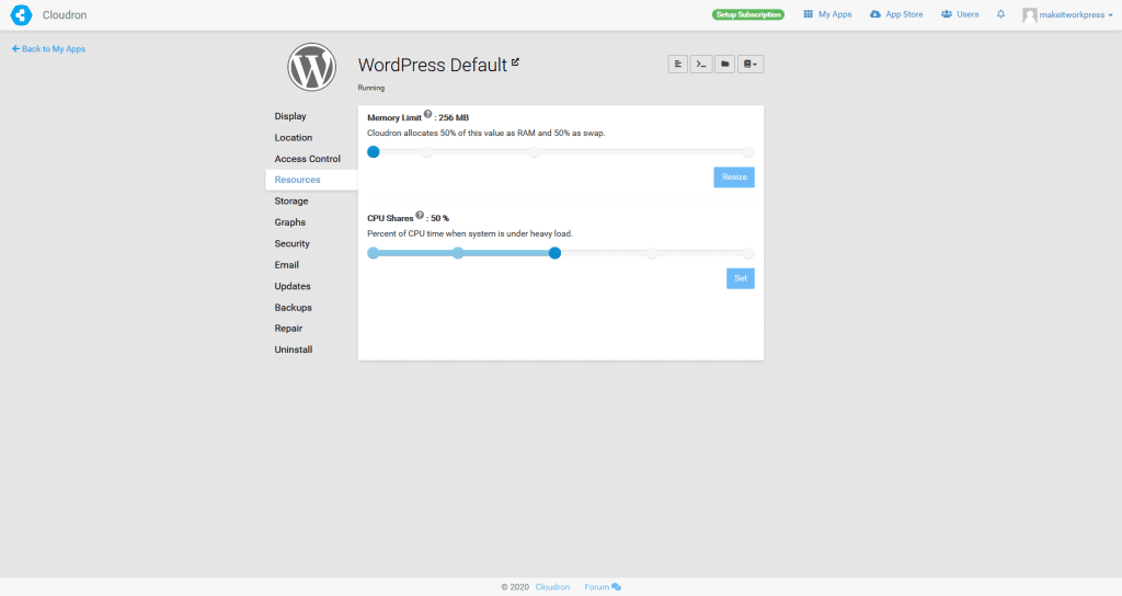 Bronnen beperken voor deze Cloudron WordPress app