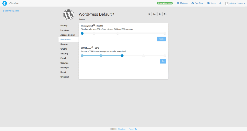Limiting resources for this Cloudron WordPress app