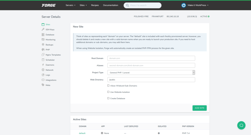 Adding a site with Laravel Forge