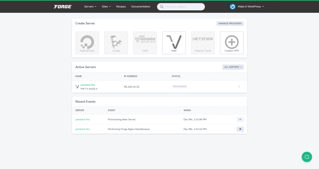 Het overzicht van servers in Laravel Forge