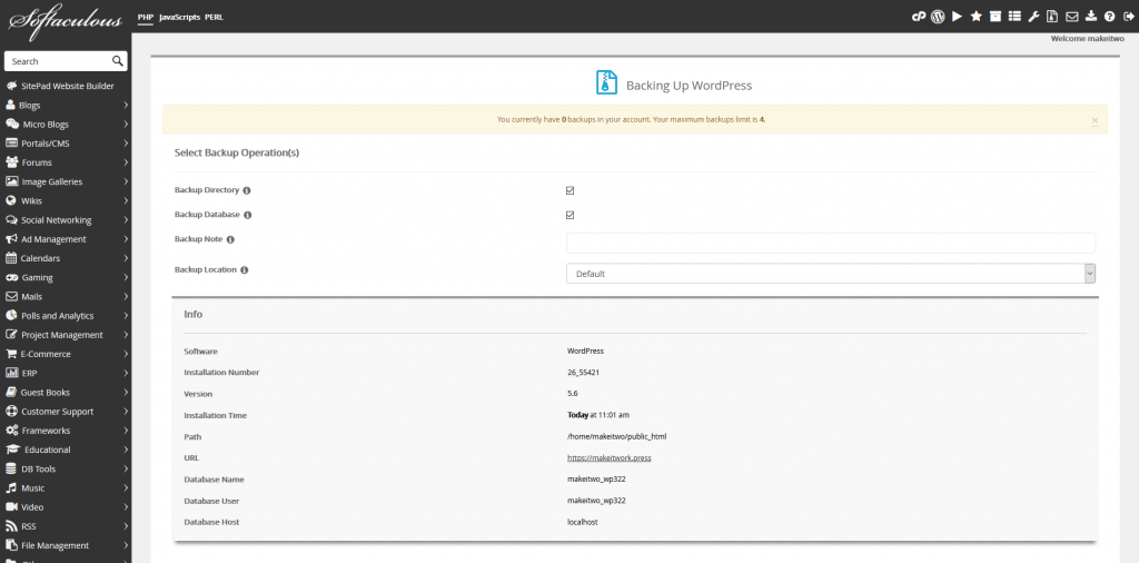 AccuWebHosting review: Backups in Softacalous