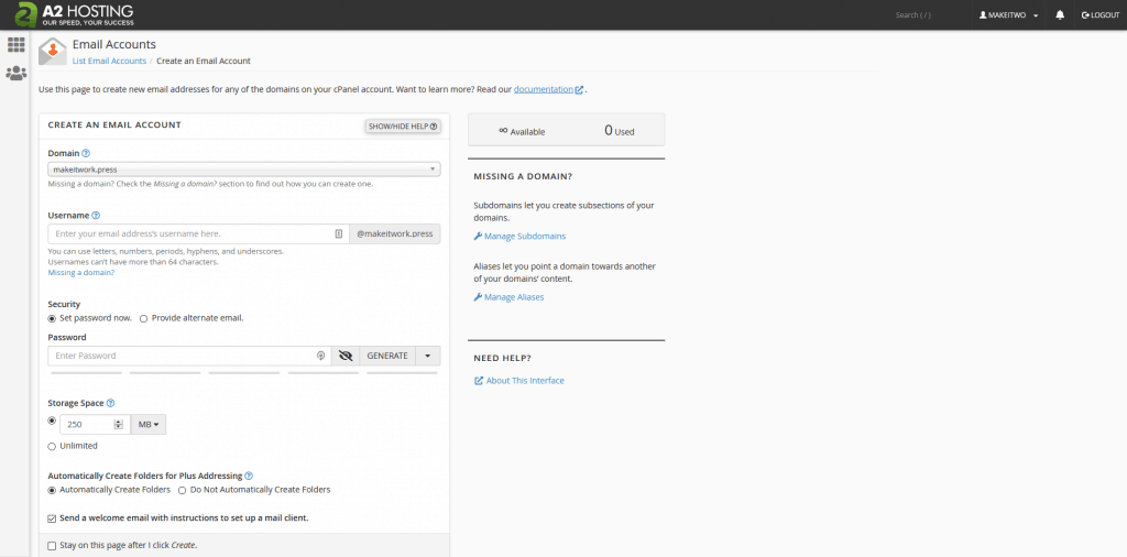 A2 Hosting biedt de mogelijkheid om e-mail accounts te hebben