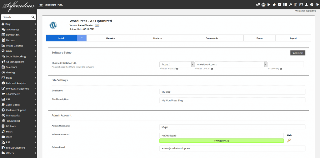 A2 Hosting Review: Managing WordPress with Softacalous