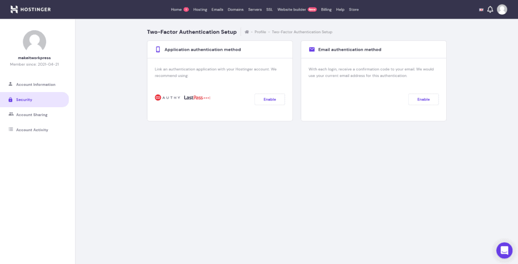 Hostinger Review: Instellen van 2 factor authenticatie