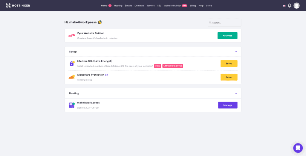 Hostinger Review Hoofddashboard