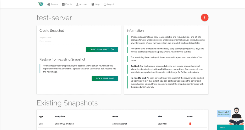 Managing snapshots in Webdock