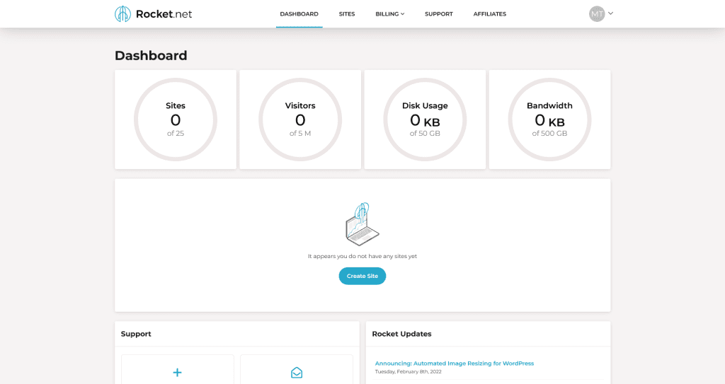 Rocket.net Fastest WordPress Hosting dashboard.