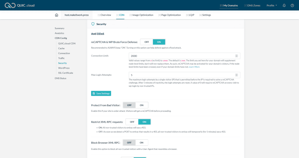 QUIC.cloud WordPress security settings