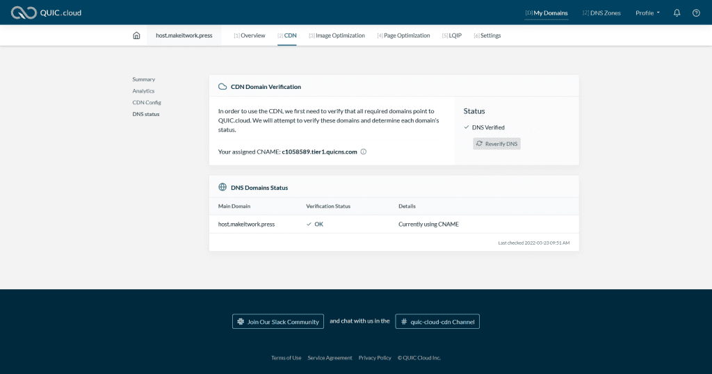 QUIC.cloud CNAME domain verification screen