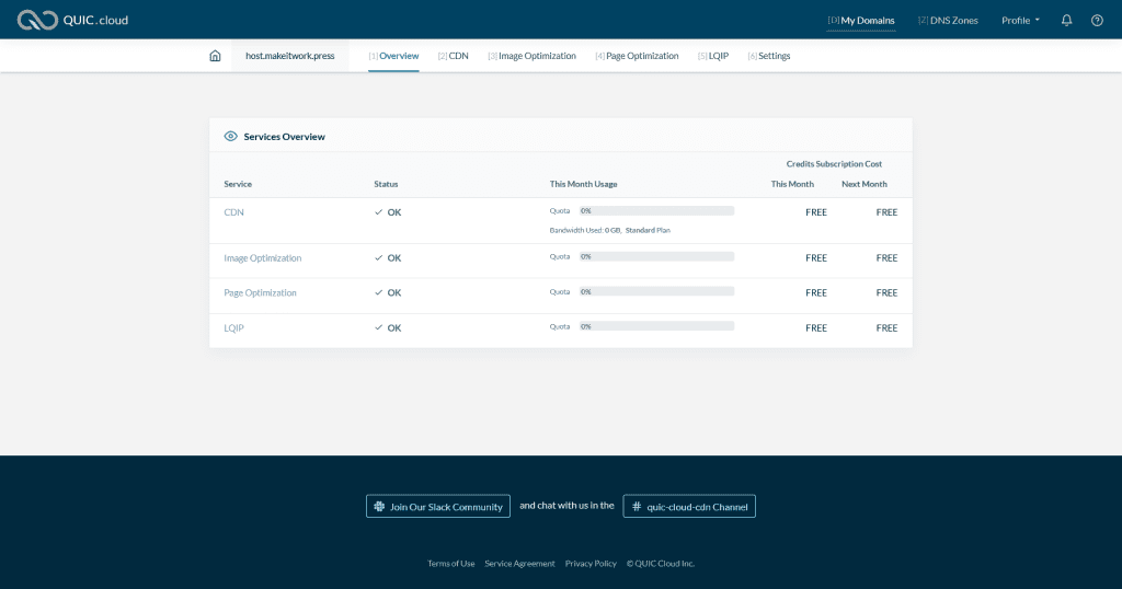 QUIC.cloud review dashboard screenshot for the platform