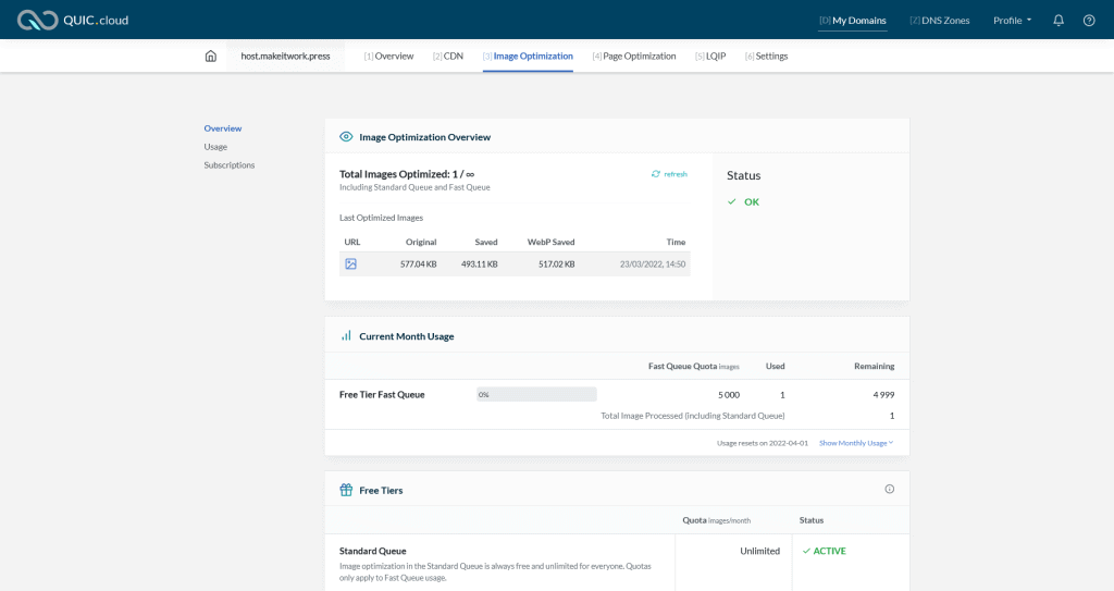 QUIC.cloud Review Image Optimization Screen in Dashboard