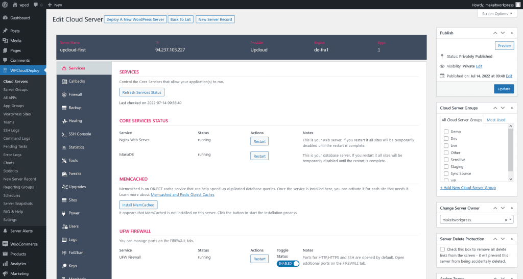 WPCloudDeploy Server detailpagina