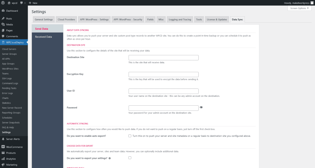 WPCloudDeploy algemene instellingen