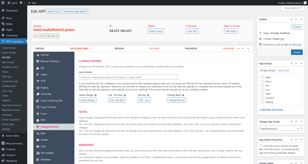 Changing a domain for a site in WPCloudDeploy