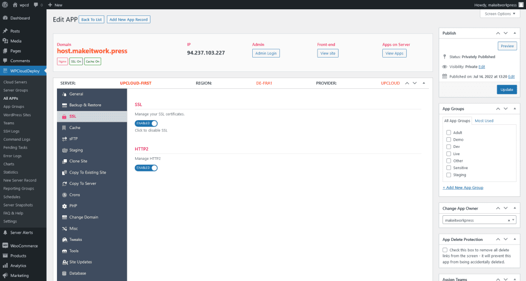 WPCloudDeploy SSL scherm