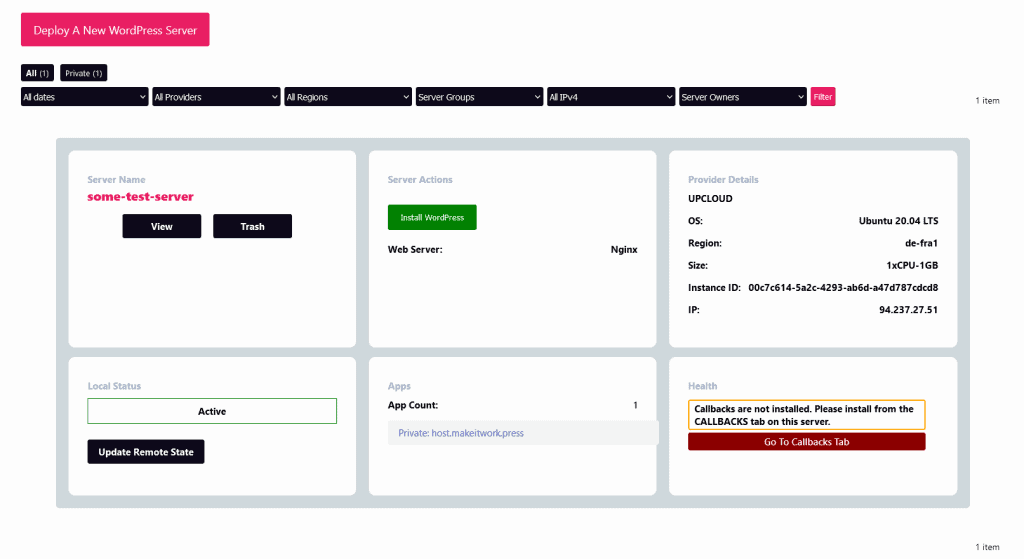 WPCloudDeploy Front-End scherm