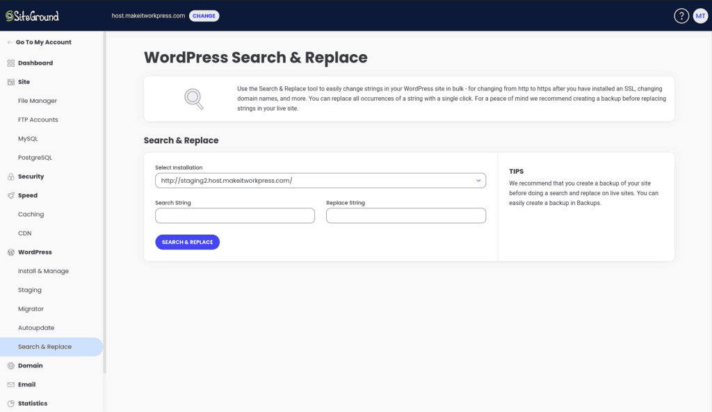 SiteGround search and replace function